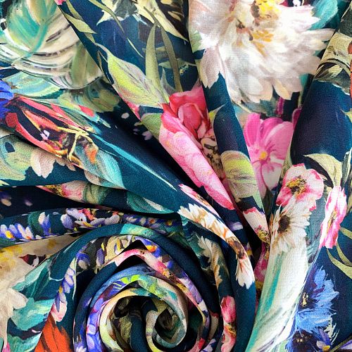 Креп-шифон натуральный К32-230 сине-зеленый принтованный