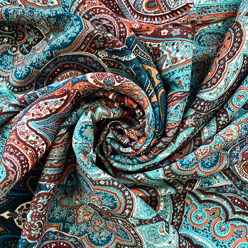 Шелк натуральный К32-242 бирюзово-коричневый принтованный