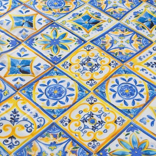 Шифон шелковый 068-12318 желто-голубой принтованный