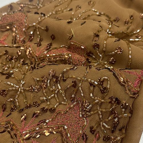 Шифон шелковый с вышивкой 068-20795 карамельный ОСТАТОК 1,3 метра