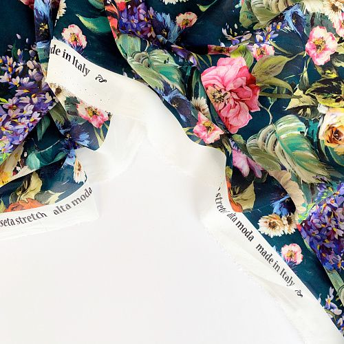 Креп-шифон натуральный К32-230 сине-зеленый принтованный