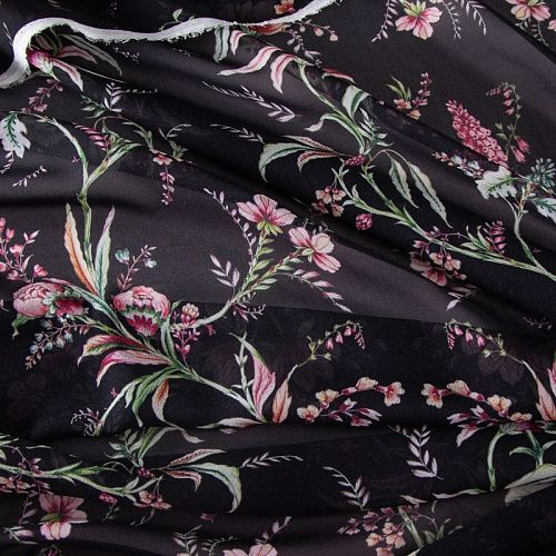 Креп-шифон шелковый 027-19926 черный принтованный