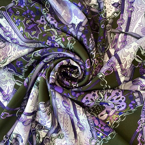 Крепдешин натуральный К32-231 болотно-зеленый принтованный