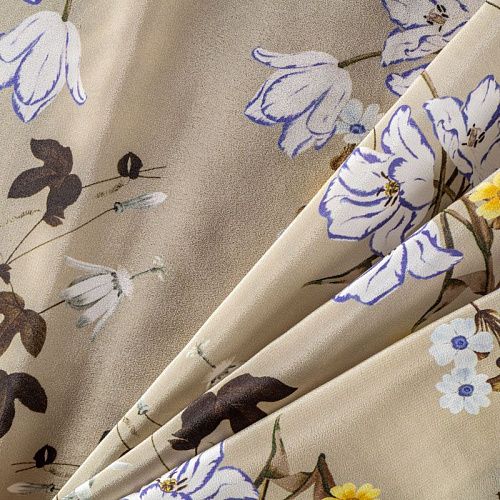 Крепдешин натуральный К24-037 оливковый принтованный