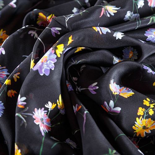 Крепдешин натуральный К24-042 черный принтованный